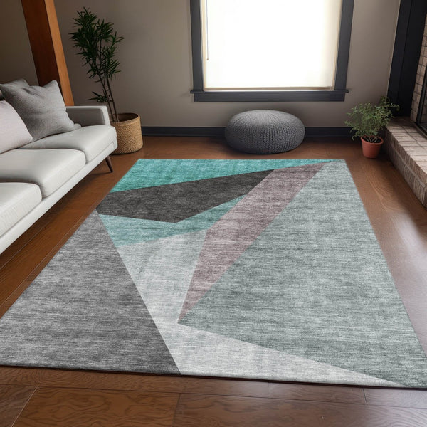 HomeRoots 8' X 10' Stylish Teal Gray Ivory Geometric Area Rug - Washable, Durable, UV Protected for High Traffic 657489