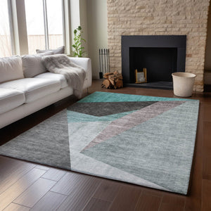 HomeRoots 8' X 10' Stylish Teal Gray Ivory Geometric Area Rug - Washable, Durable, UV Protected for High Traffic 657489