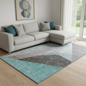 HomeRoots 9' X 12' Stylish Teal Gray & Ivory Geometric Area Rug - Washable, UV Protected, Perfect for Homes! 657490