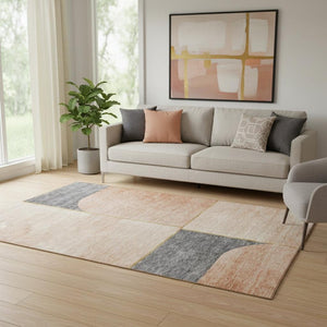 HomeRoots 5' X 8' Coral Gray Gold Geometric Area Rug - Washable, UV-Protected, Stain-Resistant for Modern Homes 657493