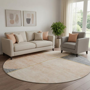 HomeRoots 8' Stylish Coral Gray & Gold Geometric Washable Round Rug - UV Protected, Durable & Easy Care 657494