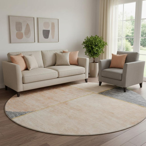 HomeRoots 8' Stylish Coral Gray & Gold Geometric Washable Round Rug - UV Protected, Durable & Easy Care 657494