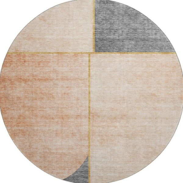 HomeRoots 8' Stylish Coral Gray & Gold Geometric Washable Round Rug - UV Protected, Durable & Easy Care 657494