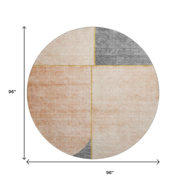 HomeRoots 8' Stylish Coral Gray & Gold Geometric Washable Round Rug - UV Protected, Durable & Easy Care 657494