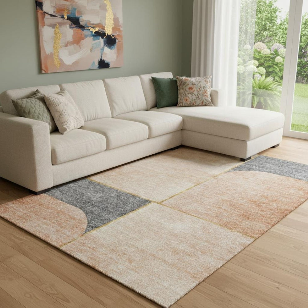HomeRoots 8' X 10' Coral Gray & Gold Geometric Area Rug - Washable, UV-Protected, Perfect for High-Traffic Spaces! 657495