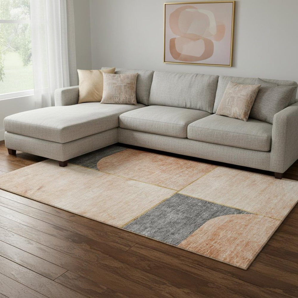 HomeRoots 9' X 12' Coral Gray Gold Geometric Area Rug - Washable, UV Resistant, Modern Design for High-Traffic Spaces 657496