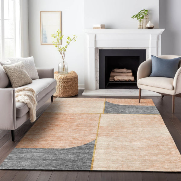 HomeRoots 10' Coral Gray & Gold Geometric Area Rug - Washable, UV Protected, Stain Resistant for Modern Spaces 657497