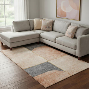 HomeRoots 10' Coral Gray & Gold Geometric Area Rug - Washable, UV Protected, Stain Resistant for Modern Spaces 657497