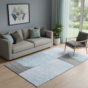HomeRoots 5' X 8' Sky Blue and Gray Geometric Area Rug - Washable, UV Protected, Pet-Friendly, Durable Design 657499