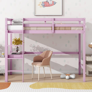 English Elm Twin High Loft Bed with Built-In Desk and Ladder — Space-Saving Rubberwood Study & Sleep Solution Pink W504P206981