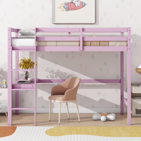 English Elm Twin High Loft Bed with Built-In Desk and Ladder — Space-Saving Rubberwood Study & Sleep Solution Pink W504P206981