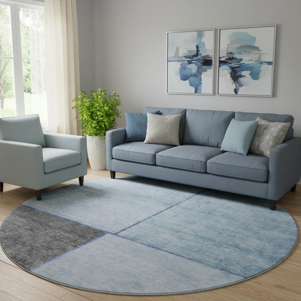 HomeRoots 8' Sky Blue & Gray Geometric Round Rug - Washable, UV-Protected, Modern Design for Busy Homes 657500