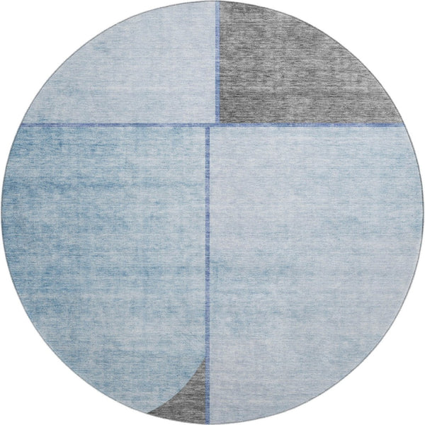 HomeRoots 8' Sky Blue & Gray Geometric Round Rug - Washable, UV-Protected, Modern Design for Busy Homes 657500