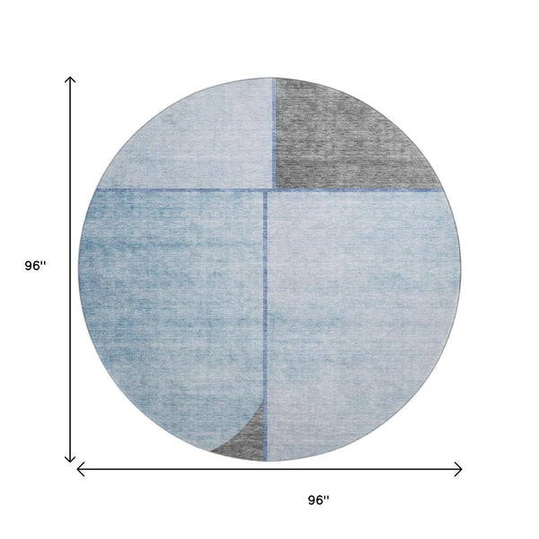 HomeRoots 8' Sky Blue & Gray Geometric Round Rug - Washable, UV-Protected, Modern Design for Busy Homes 657500