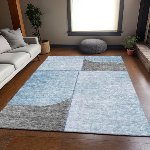 HomeRoots 8' X 10' Sky Blue and Gray Geometric Area Rug – Washable, UV-Protected, Durable for High-Traffic Spaces 657501