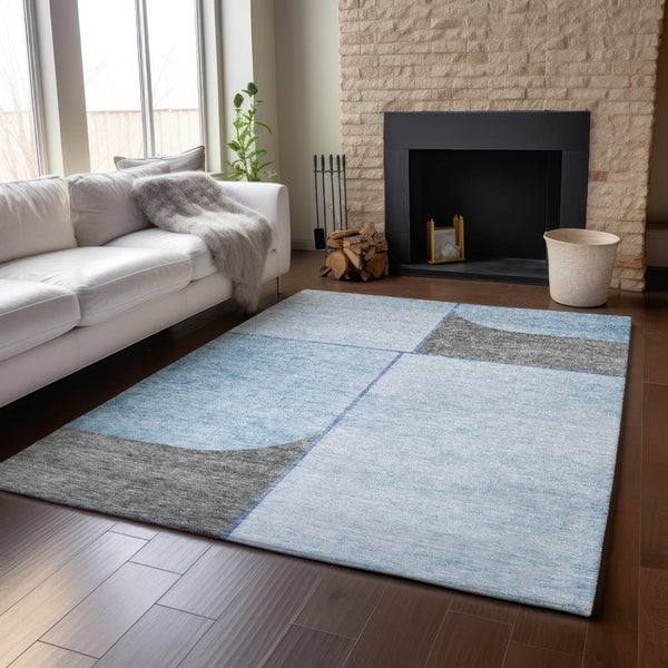 HomeRoots 8' X 10' Sky Blue and Gray Geometric Area Rug – Washable, UV-Protected, Durable for High-Traffic Spaces 657501