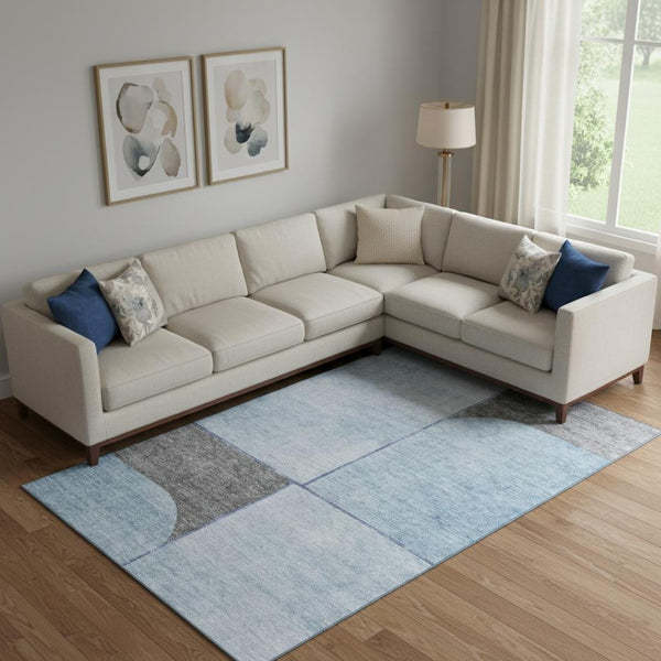 HomeRoots 9' X 12' Sky Blue & Gray Geometric Area Rug - Washable, UV Protected, Stain-Resistant for Modern Homes 657502