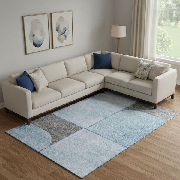 HomeRoots 10' X 14' Sky Blue & Gray Geometric Washable Area Rug - Durable, Stylish, UV Protected for Family Life 657503