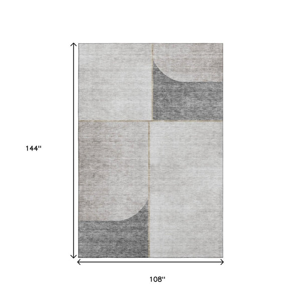 HomeRoots 9' X 12' Taupe and Gray Geometric Washable Area Rug - Durable, UV-Protected for Modern Spaces 657508