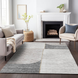 HomeRoots 9' X 12' Taupe and Gray Geometric Washable Area Rug - Durable, UV-Protected for Modern Spaces 657508