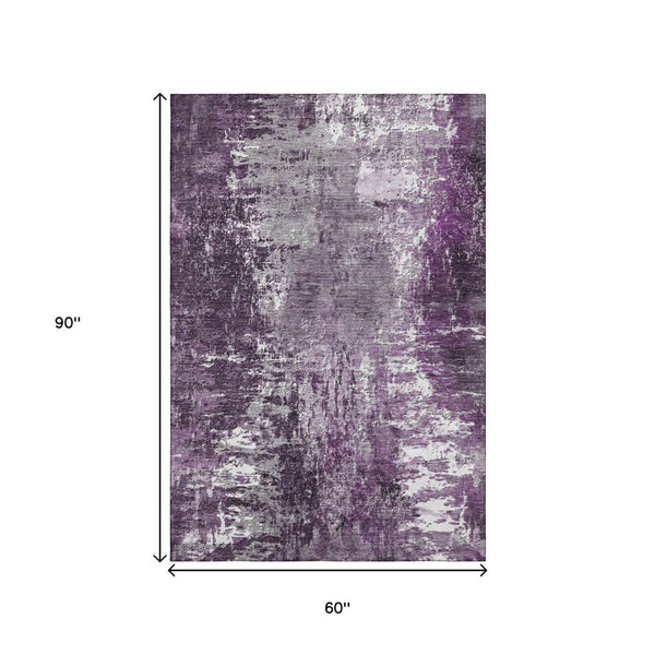 HomeRoots 5' X 8' Stylish Eggplant & Ivory Abstract Washable Area Rug – Durable, UV-Protected & Pet-Friendly 657511