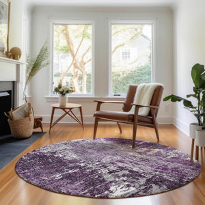 HomeRoots 8' Eggplant & Ivory Abstract Round Rug - Washable, UV Protected, Durable for Busy Households 657512
