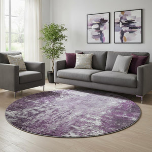 HomeRoots 8' Eggplant & Ivory Abstract Round Rug - Washable, UV Protected, Durable for Busy Households 657512