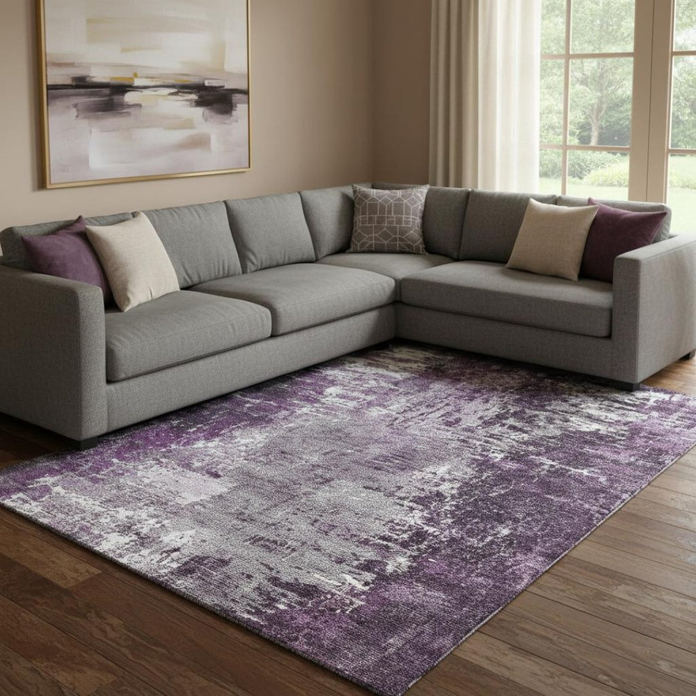 HomeRoots 8' X 10' Stylish Eggplant & Ivory Abstract Washable Area Rug with UV Protection for Everyday Living 657513