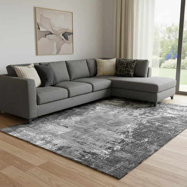 HomeRoots 9' X 12' Gray and Ivory Contemporary Abstract Area Rug – Washable, UV Protected, Durable & Stylish 657520
