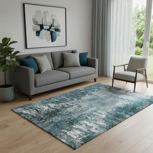 HomeRoots 5' X 8' Teal and Ivory Abstract Area Rug - Washable, UV Protected, Stain Resistant for High-Traffic Spaces 657523