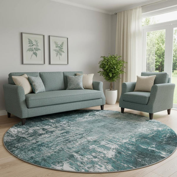 HomeRoots 8' Teal And Ivory Abstract Round Rug - Durable, Stain-Resistant, UV Protected for Modern Spaces 657524