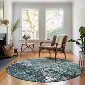 HomeRoots 8' Teal And Ivory Abstract Round Rug - Durable, Stain-Resistant, UV Protected for Modern Spaces 657524