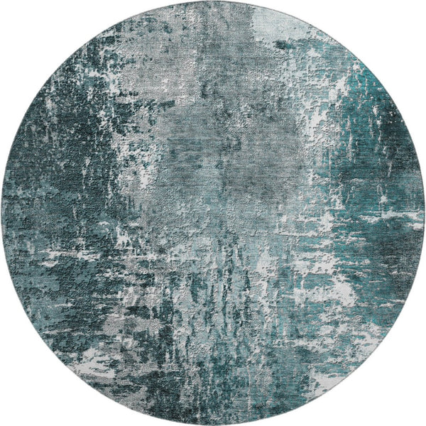 HomeRoots 8' Teal And Ivory Abstract Round Rug - Durable, Stain-Resistant, UV Protected for Modern Spaces 657524