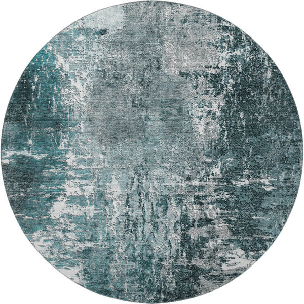 HomeRoots 8' Teal And Ivory Abstract Round Rug - Durable, Stain-Resistant, UV Protected for Modern Spaces 657524