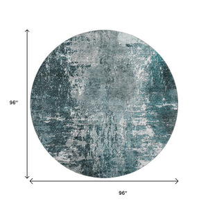 HomeRoots 8' Teal And Ivory Abstract Round Rug - Durable, Stain-Resistant, UV Protected for Modern Spaces 657524