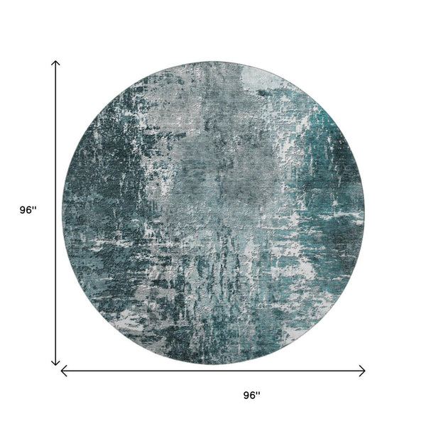 HomeRoots 8' Teal And Ivory Abstract Round Rug - Durable, Stain-Resistant, UV Protected for Modern Spaces 657524