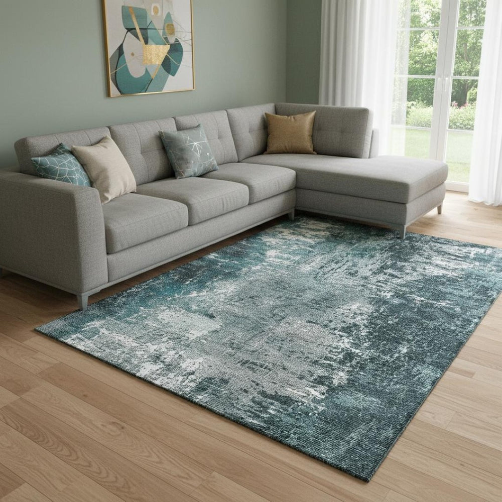 HomeRoots 8' X 10' Stylish Teal & Ivory Abstract Area Rug - Washable, UV-Protected, Durable for Busy Homes 657525