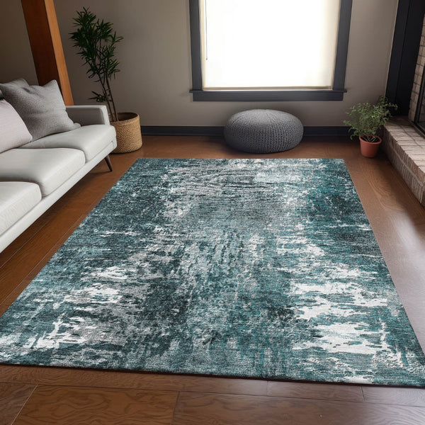 HomeRoots 9' X 12' Teal And Ivory Abstract Area Rug - Soft, Stain-Resistant, UV Protected for Modern Living Spaces 657526