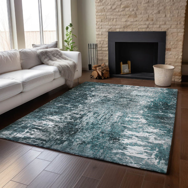 HomeRoots 9' X 12' Teal And Ivory Abstract Area Rug - Soft, Stain-Resistant, UV Protected for Modern Living Spaces 657526