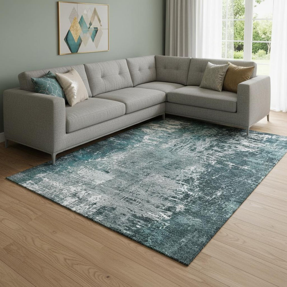 HomeRoots 10' Teal & Ivory Abstract Washable Area Rug – Stain Resistant, UV Protected, Perfect for High Traffic Areas! 657527