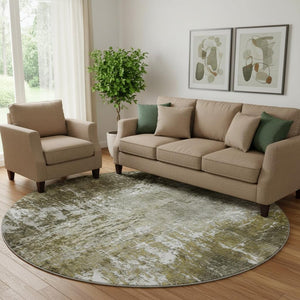 HomeRoots 8' Taupe and Ivory Abstract Washable Round Rug – Durable, UV-Protected, Perfect for Busy Homes! 657530