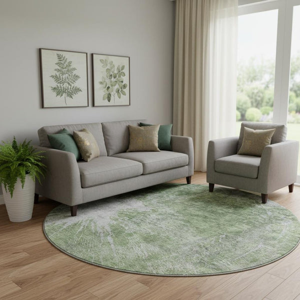 HomeRoots 8' Artichoke Green & Ivory Abstract Round Rug - Washable, UV-Protected, Pet-Friendly Design! 657536