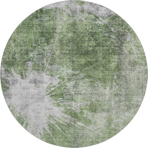 HomeRoots 8' Artichoke Green & Ivory Abstract Round Rug - Washable, UV-Protected, Pet-Friendly Design! 657536