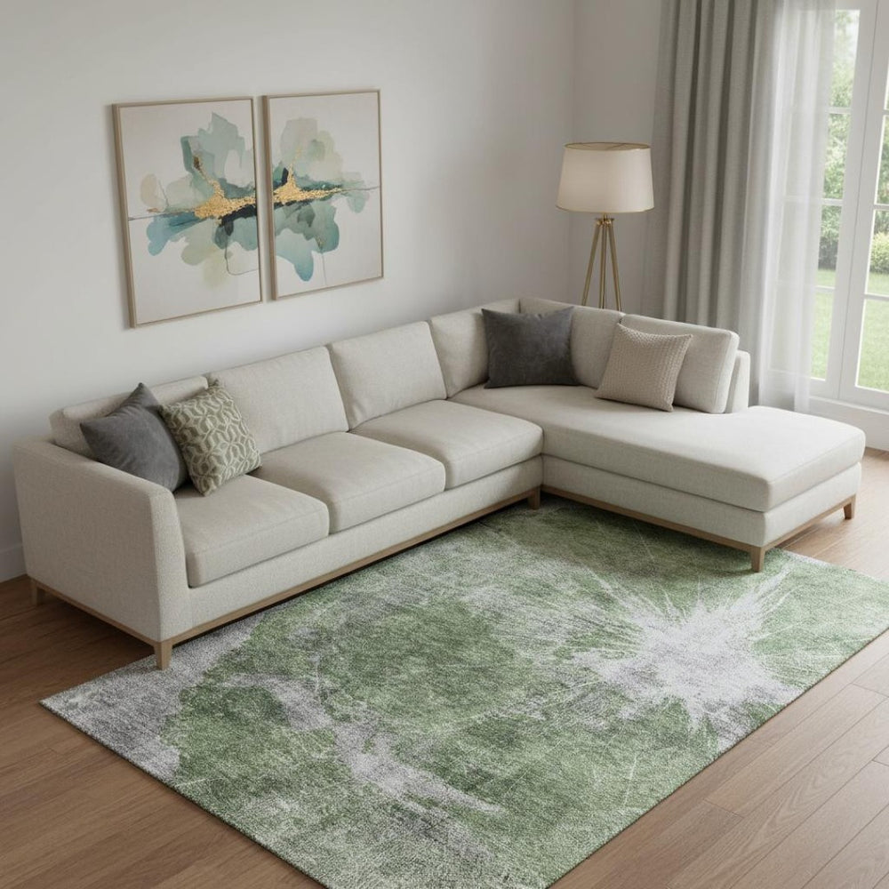 HomeRoots 8' X 10' Artichoke Green & Ivory Abstract Washable Area Rug with UV Protection for Modern Homes 657537