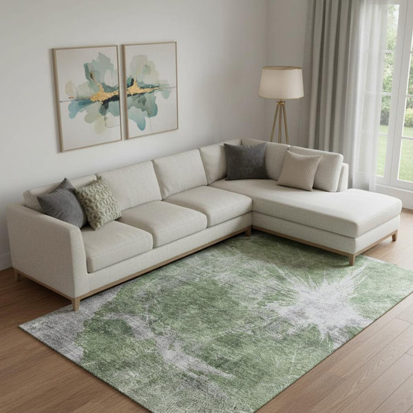 HomeRoots 8' X 10' Artichoke Green & Ivory Abstract Washable Area Rug with UV Protection for Modern Homes 657537