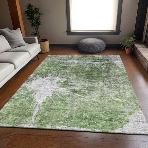 HomeRoots 8' X 10' Artichoke Green & Ivory Abstract Washable Area Rug with UV Protection for Modern Homes 657537