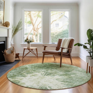 HomeRoots 8' Fern Green and Ivory Abstract Round Rug - UV Protected, Washable, Stain-Resistant for Family Areas 657542