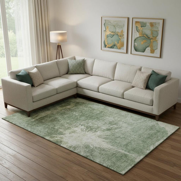 HomeRoots 8' X 10' Contemporary Fern Green & Ivory Abstract Area Rug – Washable, UV Protected, Stylish Comfort! 657543
