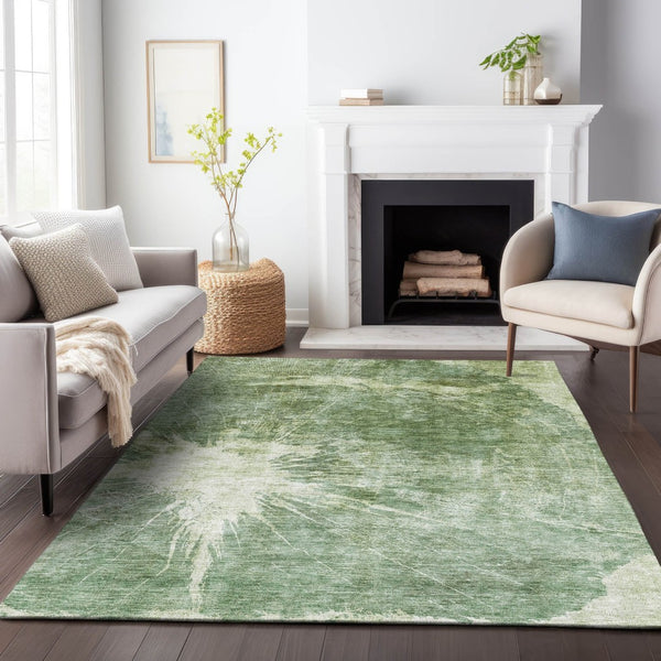 HomeRoots 8' X 10' Contemporary Fern Green & Ivory Abstract Area Rug – Washable, UV Protected, Stylish Comfort! 657543