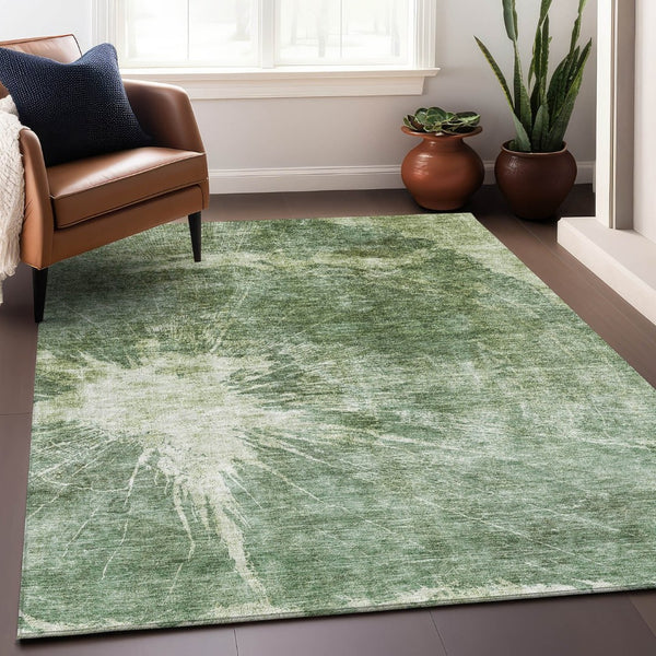 HomeRoots 8' X 10' Contemporary Fern Green & Ivory Abstract Area Rug – Washable, UV Protected, Stylish Comfort! 657543